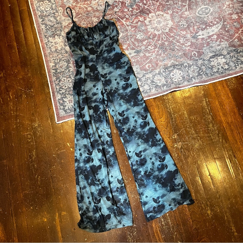 floral mesh painted blue navy strappy long jumpsuit by urban outfitters